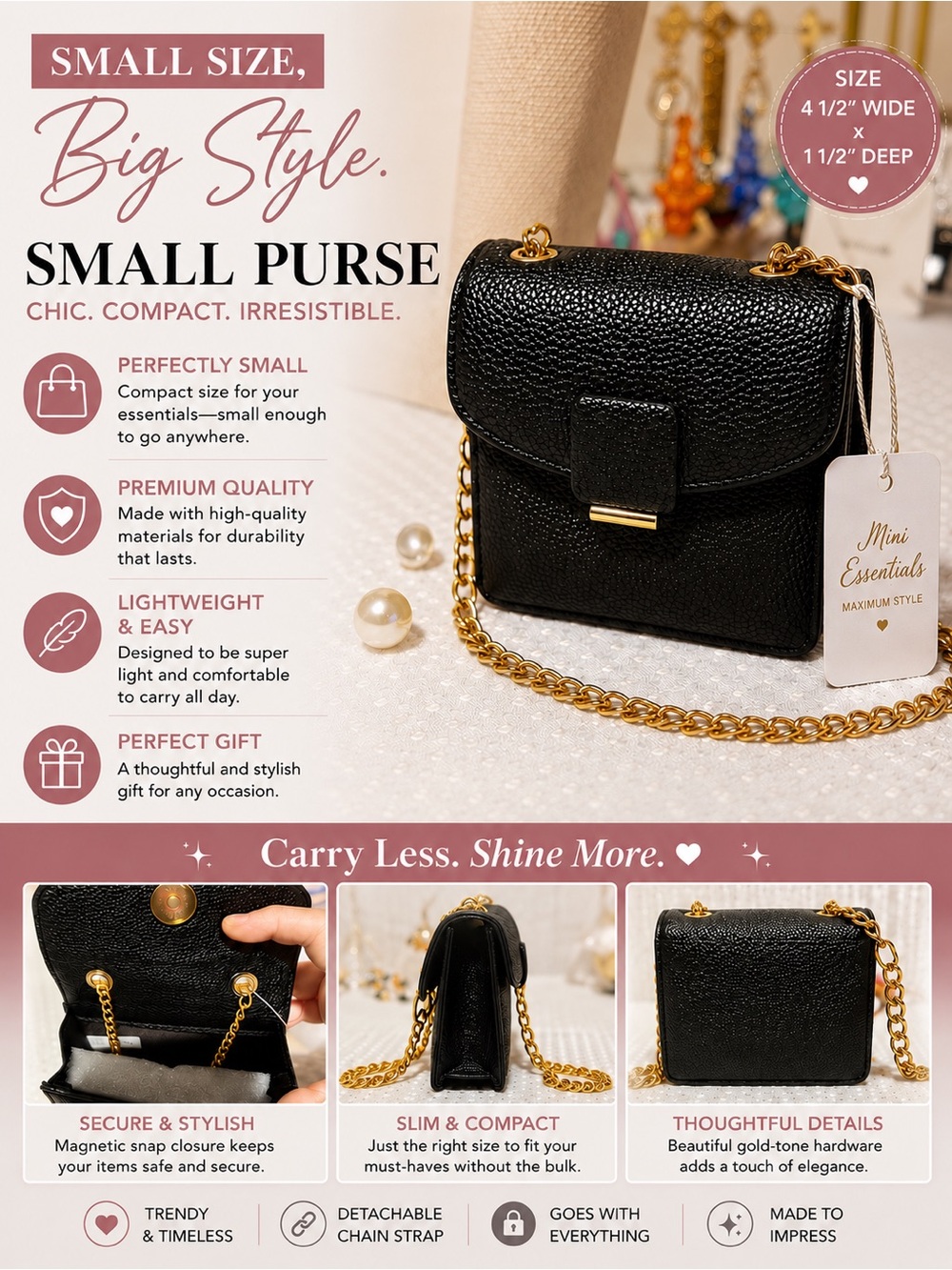 Essentials Black Pebbled Mini Crossbody with Gold Chain